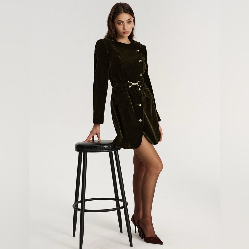 Commense Elegant Olive Green Velvet Blazer Dress